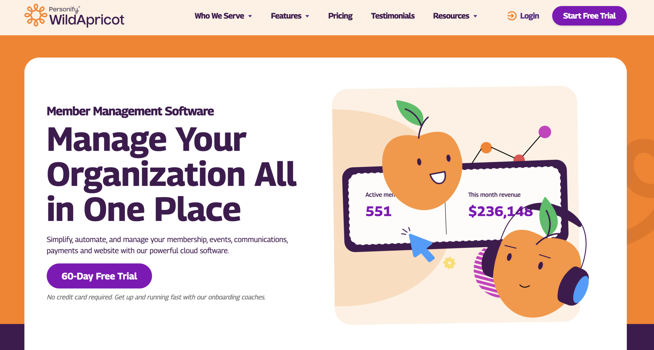 Screenshot of Wild Apricot's main homepage screen